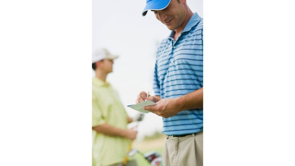 Golfer writing his score on a scorecard while a playing partner waits nearby