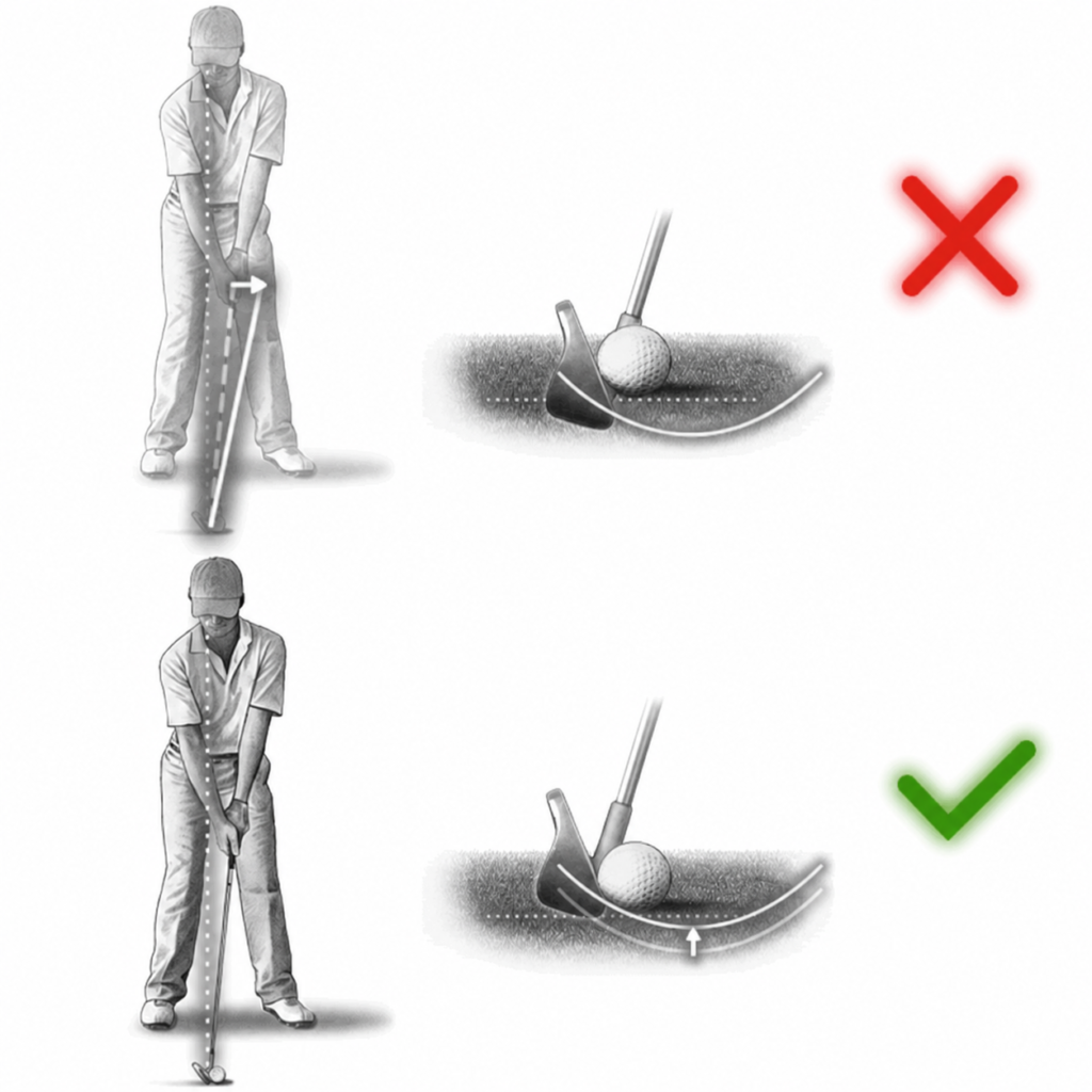 Fixing a Fat Golf Shot - Low Point Behind the Ball Diagram showing a fat golf shot caused by hitting the ground behind the ball