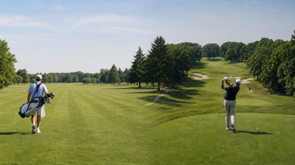 Comparison of an easy flat golf course fairway next to a harder hilly tree lined course