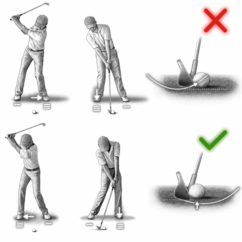 Thin Shot Diagram showing a thin golf shot caused by hitting the top half of the ball